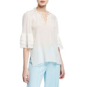 Alice + Olivia Julius Split-Neck Tiered-Sleeve Tunic Silk Top Ivory White Size M